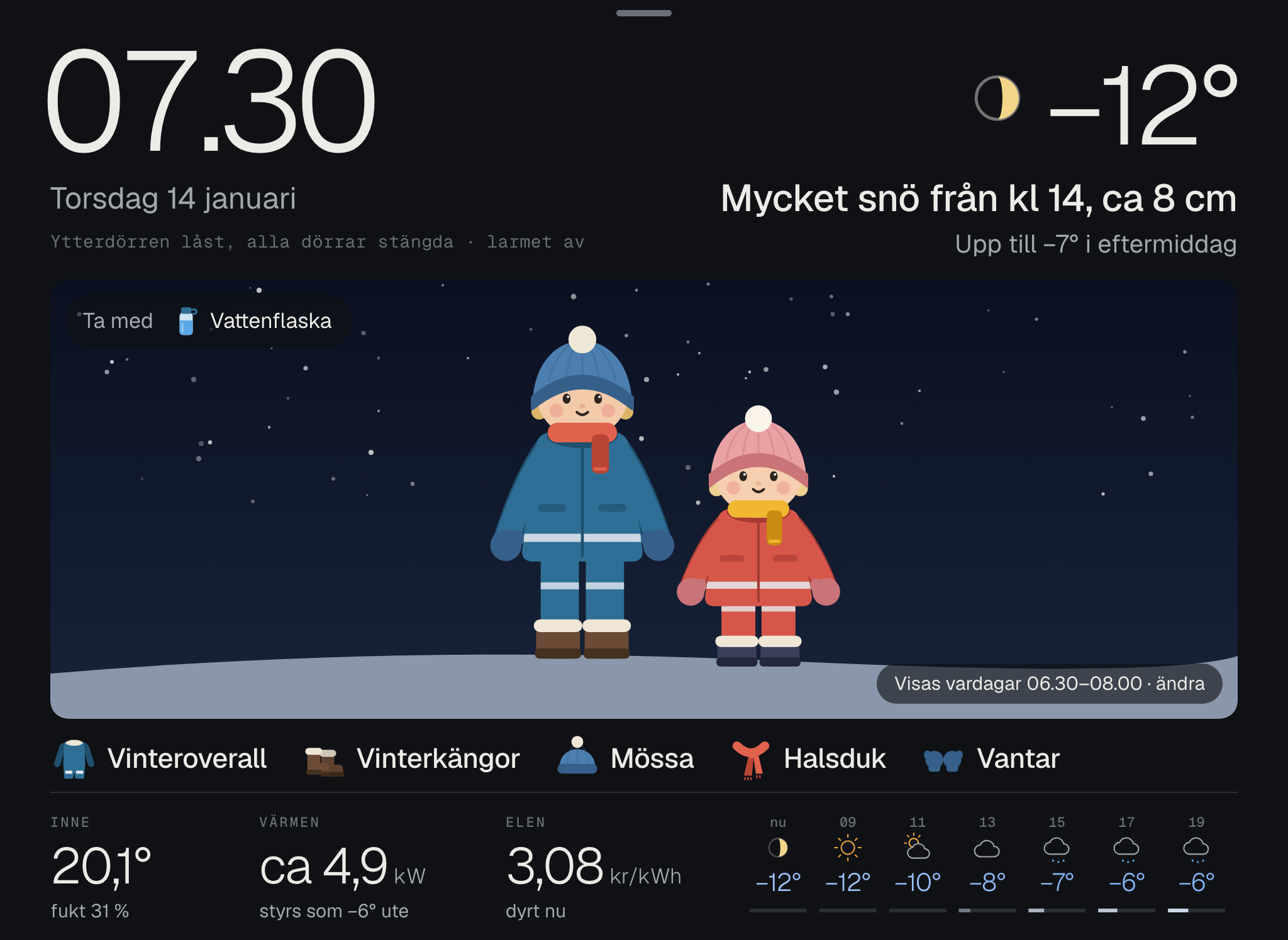 Två barn i vinteroverall, mössa och halsduk i snön, tolv minus i januari.